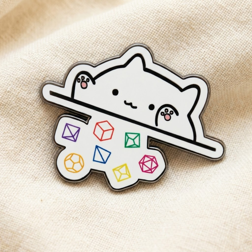 White Cat Throwing Dice Hard Enamel Pin -1.5"
