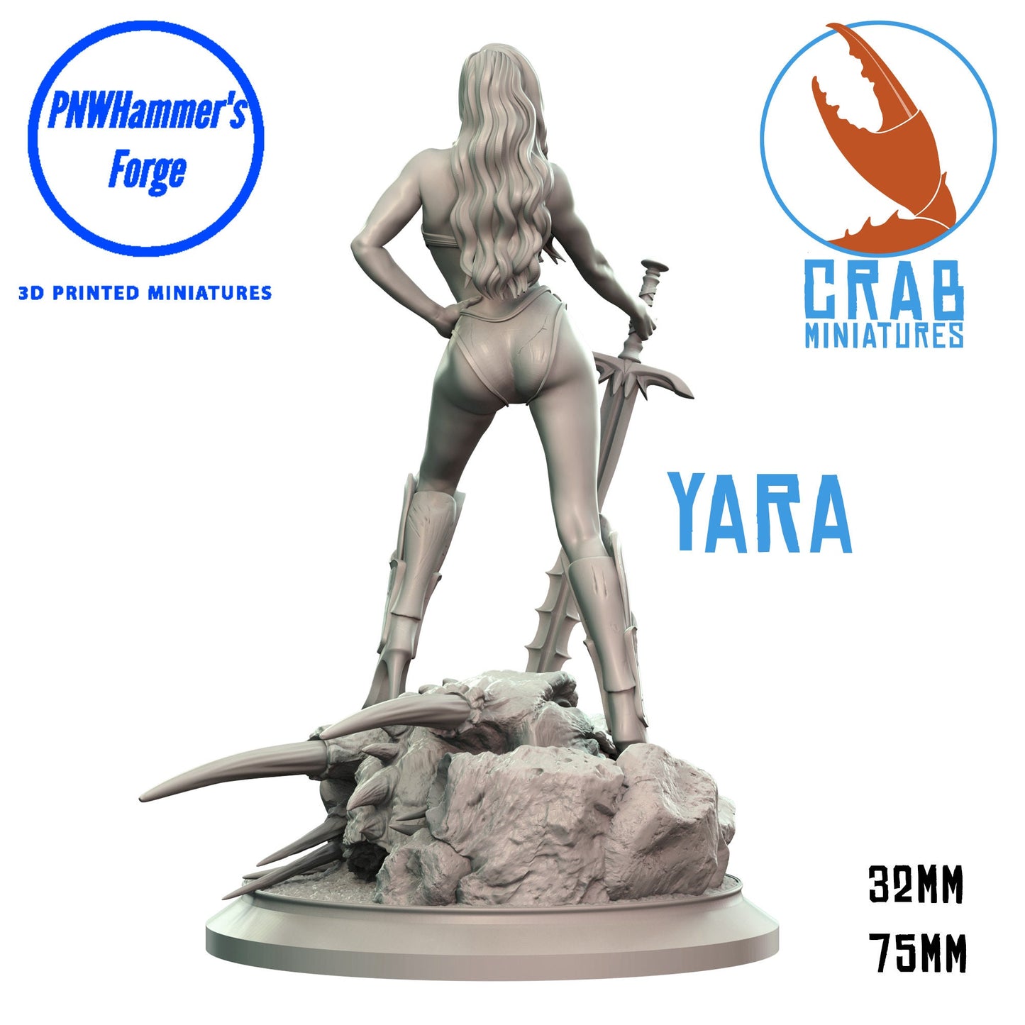YARA - Human Female Barbarian - D&D - SFW - TTRPG - 75mm Scale Miniature - Pathfinder - Unpainted - Crab Miniatures