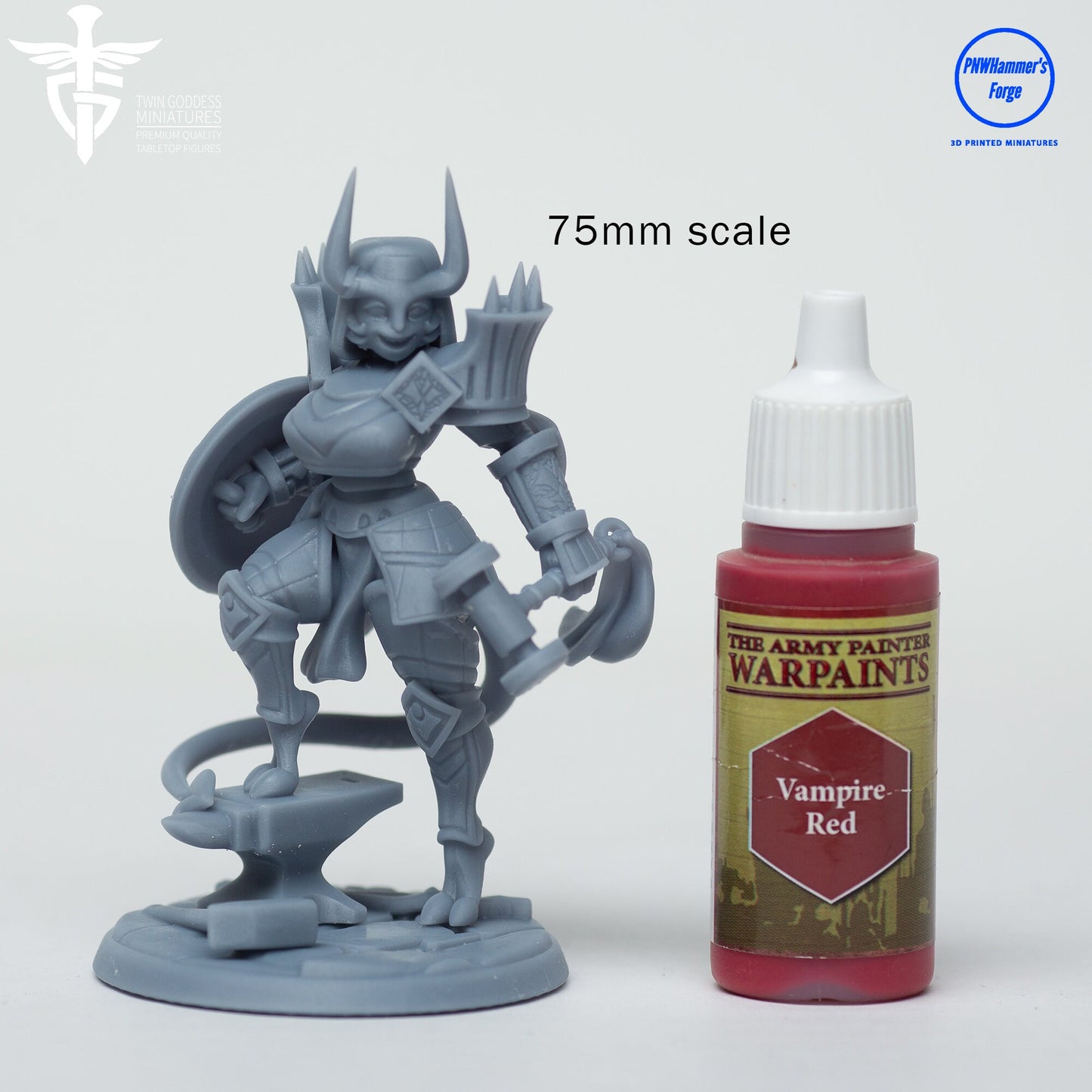 Dahlia, Tiefling Female Cleric of the Forge - Twin Goddess Miniatures - D&D - TTRPG - 32mm/75mm Miniature - Pathfinder - Unpainted - Hammer