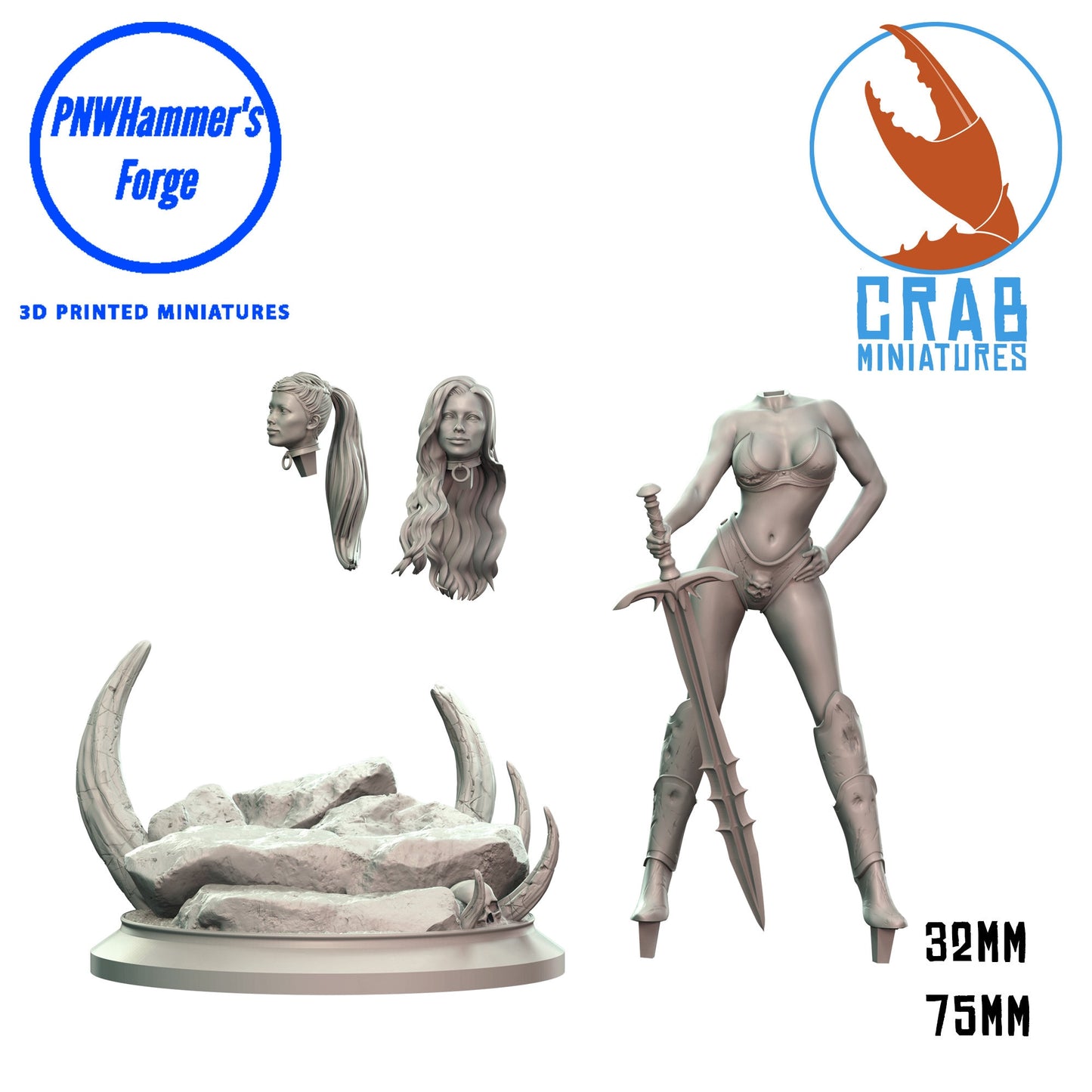 YARA - Human Female Barbarian - D&D - SFW - TTRPG - 75mm Scale Miniature - Pathfinder - Unpainted - Crab Miniatures