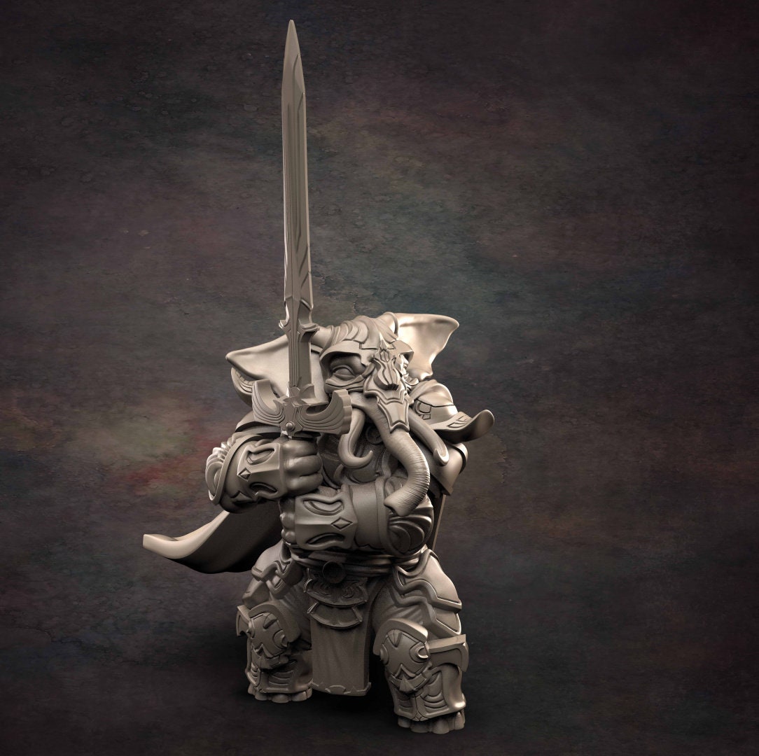Loxodon Paladin - D&D - Elephant - Warrior - TTRPG - 32mm Miniature - Pathfinder - Unpainted - Red Clay Collectibles