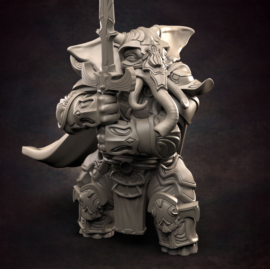 Loxodon Paladin - D&D - Elephant - Warrior - TTRPG - 32mm Miniature - Pathfinder - Unpainted - Red Clay Collectibles