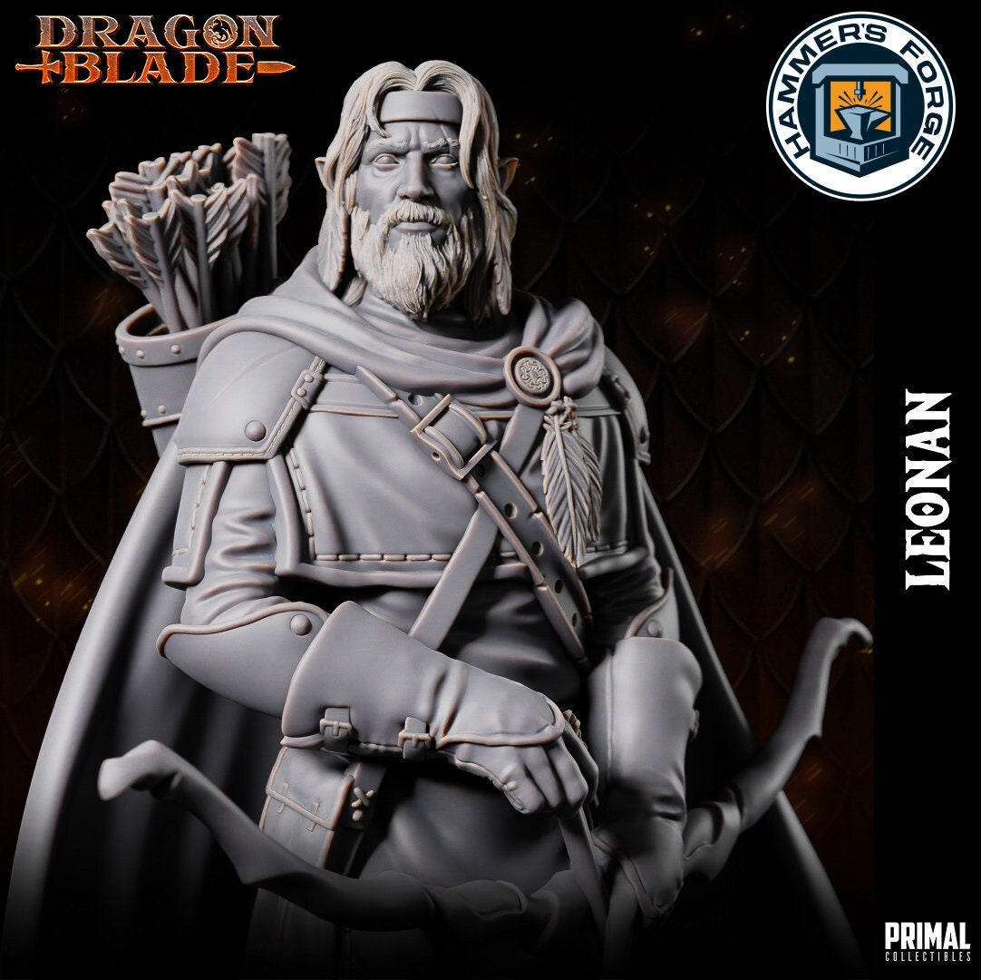 Male Half Elf Ranger Miniature for D&D - TTRPG - 32mm Miniature - Leonan - Pathfinder - Unpainted - Primal Collectibles - Dragon Blade