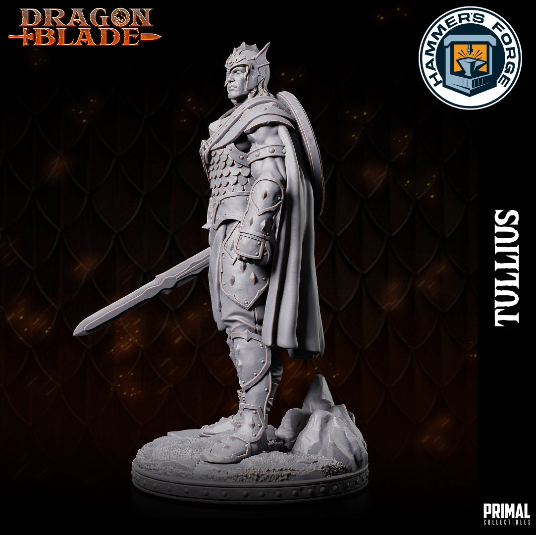 Human Male Fighter Miniature for D&D - TTRPG - 32mm Miniature - Tullius - Pathfinder - Unpainted - Primal Collectibles - Dragon Blade