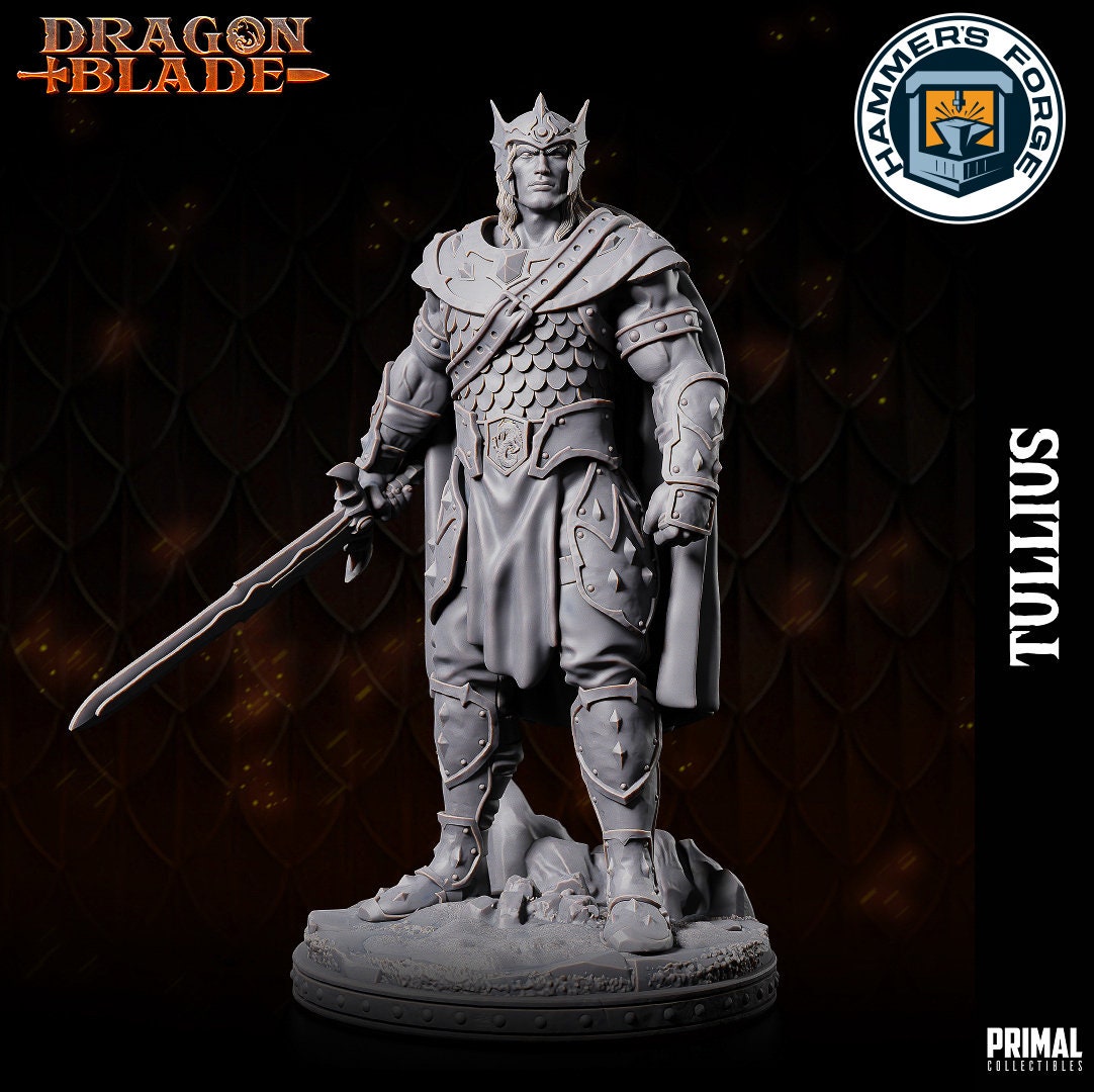 Human Male Fighter Miniature for D&D - TTRPG - 32mm Miniature - Tullius - Pathfinder - Unpainted - Primal Collectibles - Dragon Blade