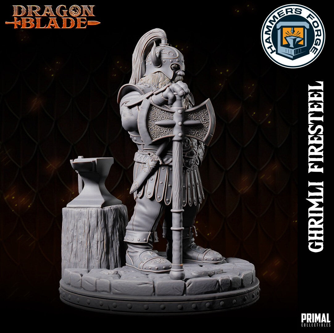 Dwarven Male Fighter Miniature for D&D - TTRPG - 32mm Miniature - Ghrimli - Pathfinder - Unpainted - Primal Collectibles - Dragon Blade