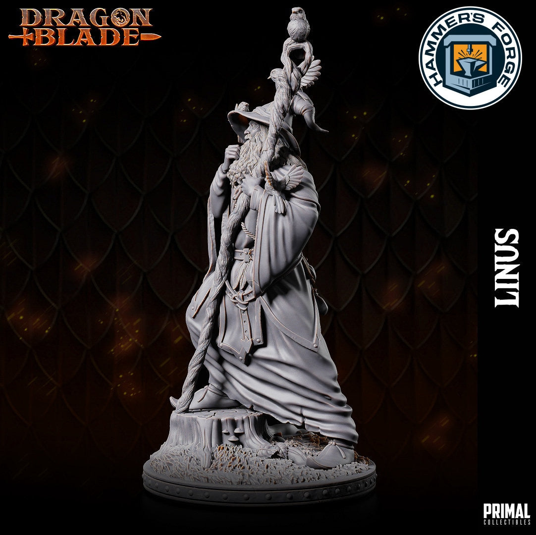 Human Male Wizard Miniature for D&D - TTRPG - 32mm Miniature - Linus - Pathfinder - Unpainted - Primal Collectibles - Dragon Blade