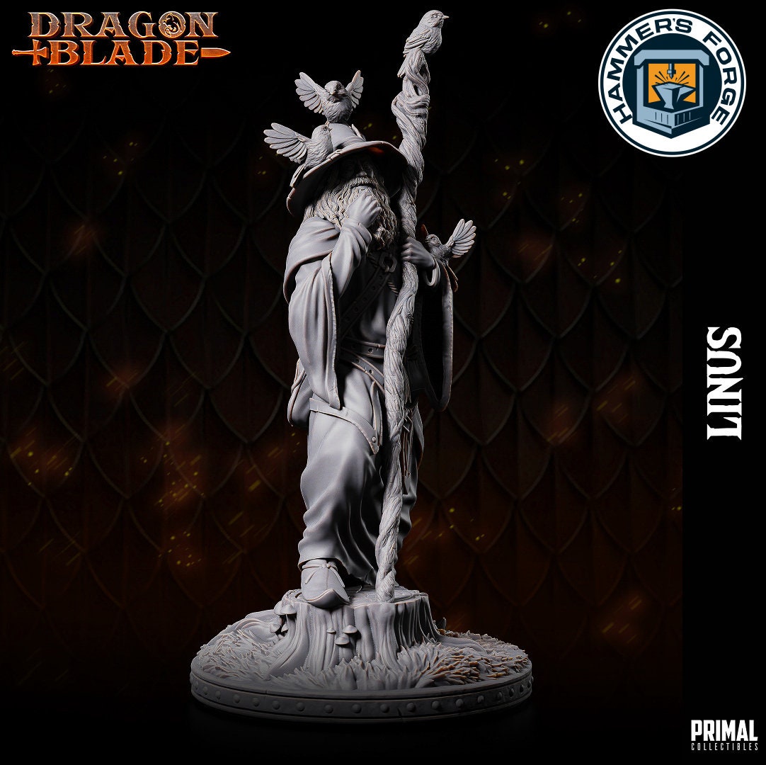 Human Male Wizard Miniature for D&D - TTRPG - 32mm Miniature - Linus - Pathfinder - Unpainted - Primal Collectibles - Dragon Blade