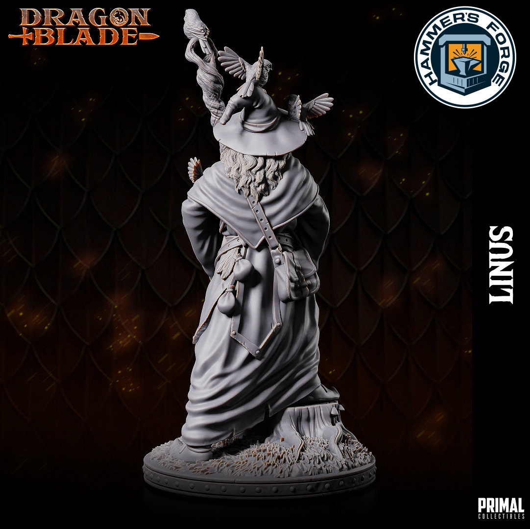 Human Male Wizard Miniature for D&D - TTRPG - 32mm Miniature - Linus - Pathfinder - Unpainted - Primal Collectibles - Dragon Blade