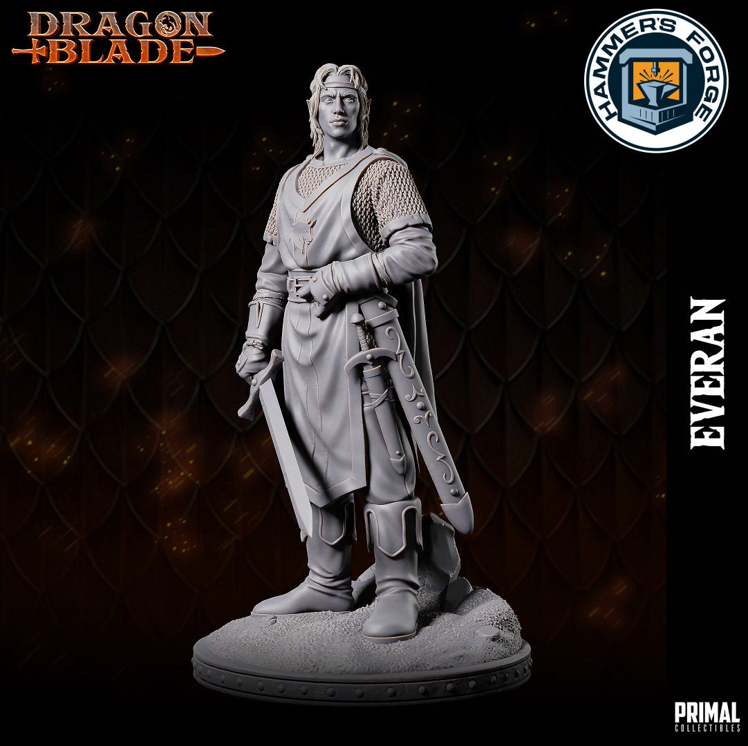 Elven Male Battlemage Miniature for D&D - TTRPG - 32mm Miniature - Everan - Pathfinder - Unpainted - Primal Collectibles - Dragon Blade