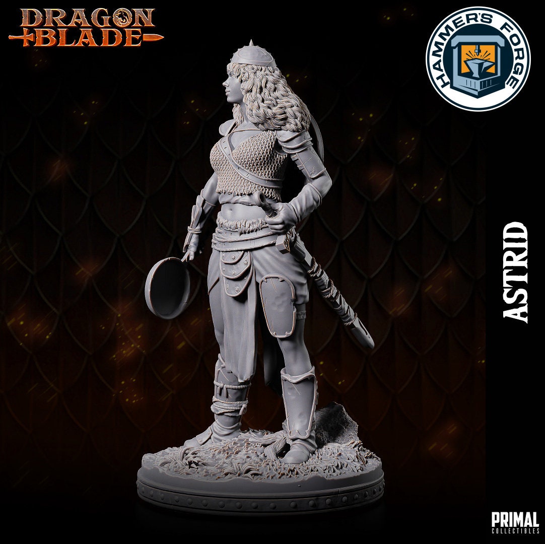 Human Female Fighter Miniature for D&D - TTRPG - 32mm Miniature - Astrid - Pathfinder - Unpainted - Primal Collectibles - Dragon Blade