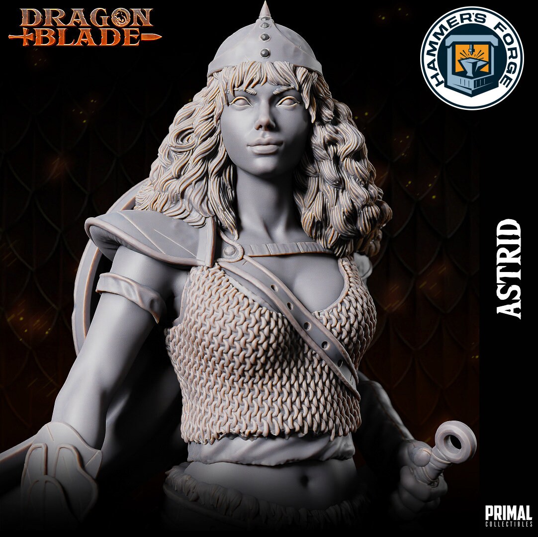 Human Female Fighter Miniature for D&D - TTRPG - 32mm Miniature - Astrid - Pathfinder - Unpainted - Primal Collectibles - Dragon Blade