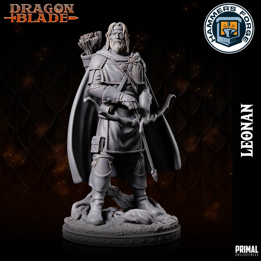 Male Half Elf Ranger Miniature for D&D - TTRPG - 32mm Miniature - Leonan - Pathfinder - Unpainted - Primal Collectibles - Dragon Blade