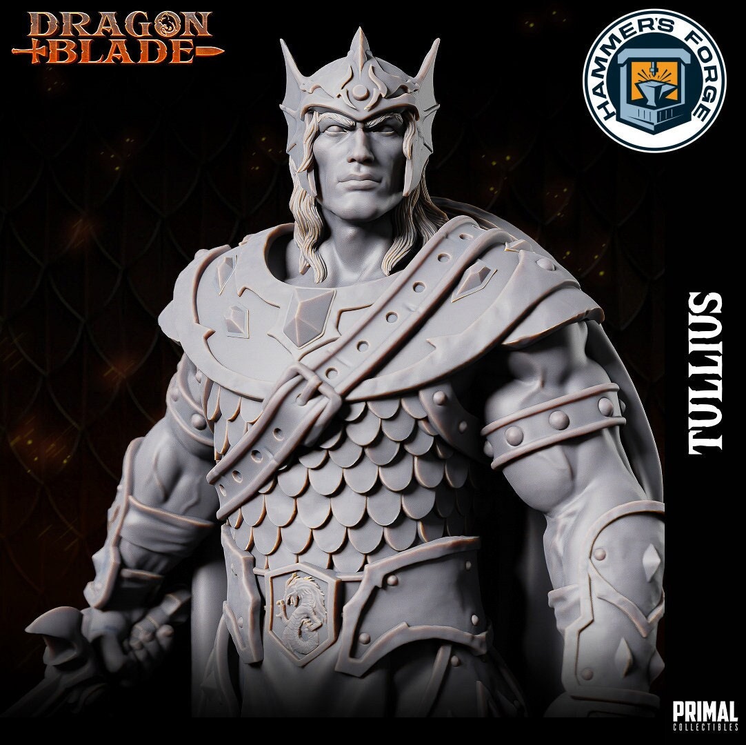 Human Male Fighter Miniature for D&D - TTRPG - 32mm Miniature - Tullius - Pathfinder - Unpainted - Primal Collectibles - Dragon Blade