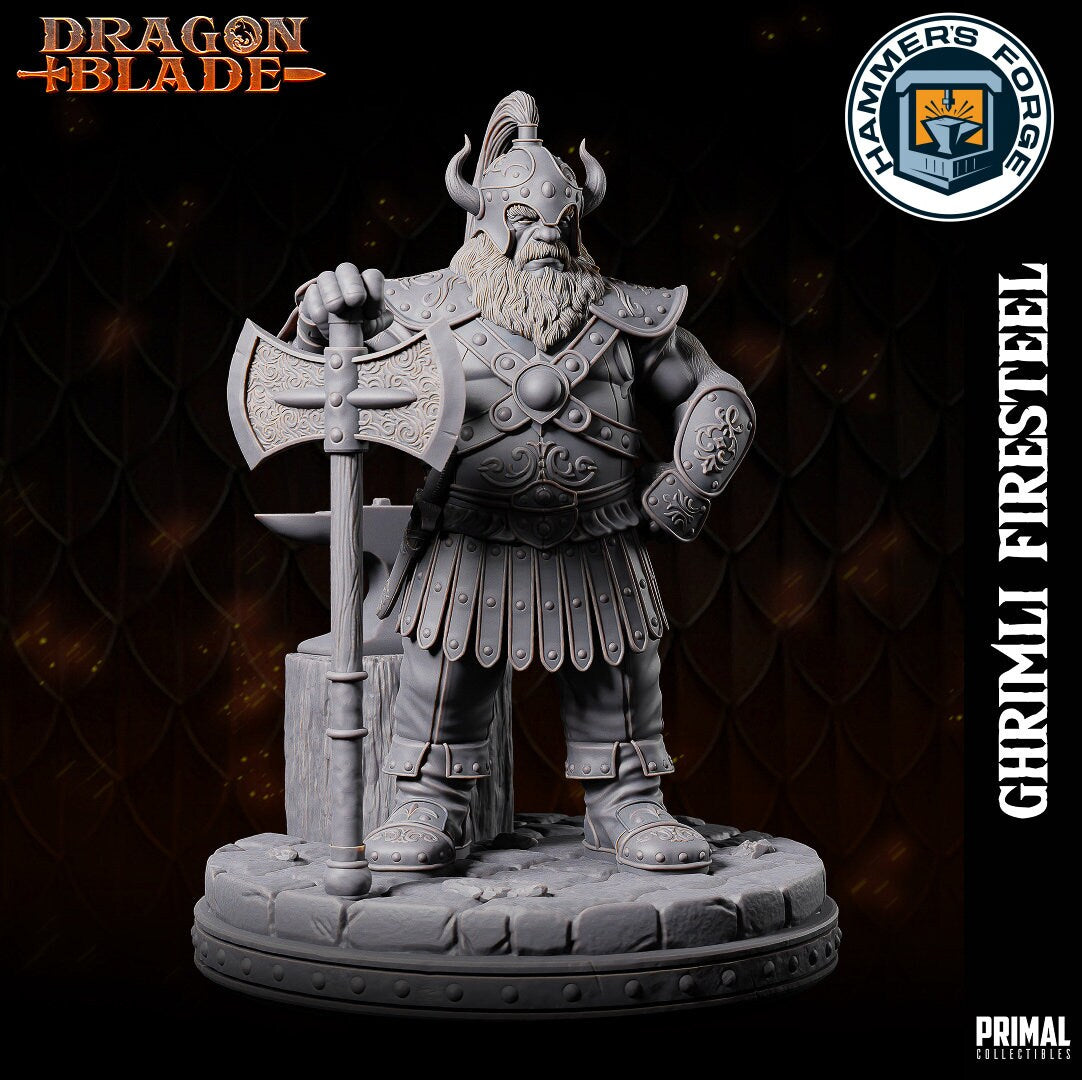 Dwarven Male Fighter Miniature for D&D - TTRPG - 32mm Miniature - Ghrimli - Pathfinder - Unpainted - Primal Collectibles - Dragon Blade
