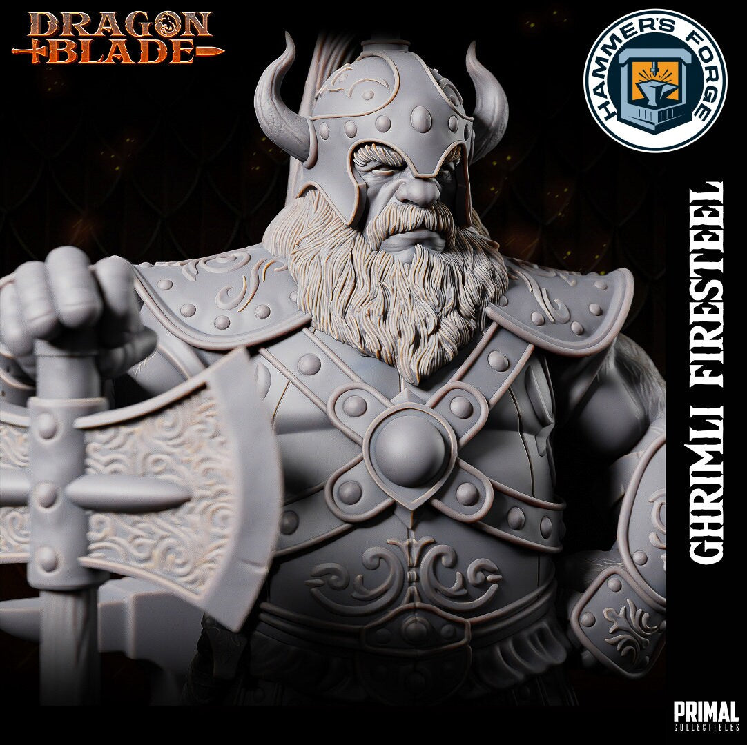 Dwarven Male Fighter Miniature for D&D - TTRPG - 32mm Miniature - Ghrimli - Pathfinder - Unpainted - Primal Collectibles - Dragon Blade
