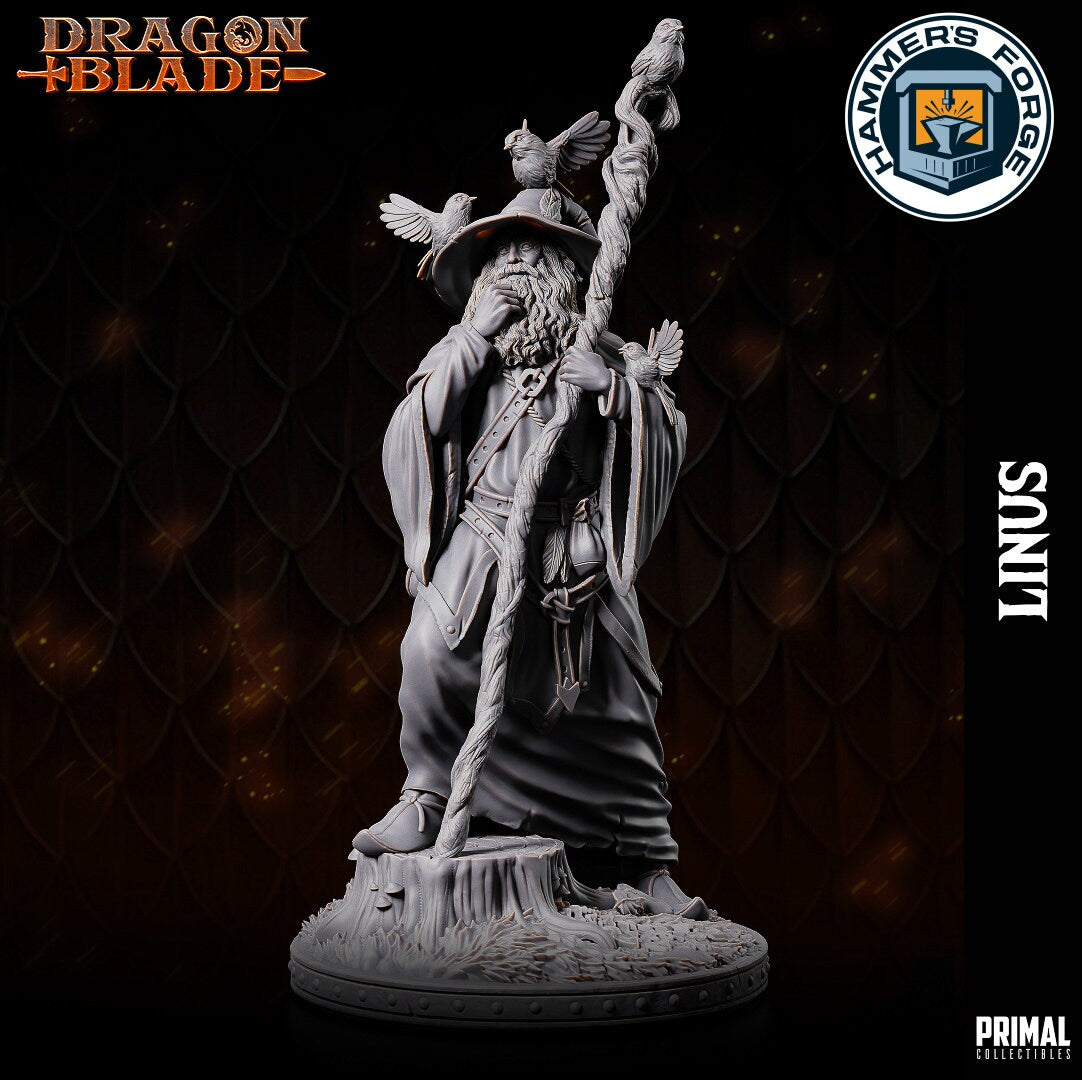 Human Male Wizard Miniature for D&D - TTRPG - 32mm Miniature - Linus - Pathfinder - Unpainted - Primal Collectibles - Dragon Blade