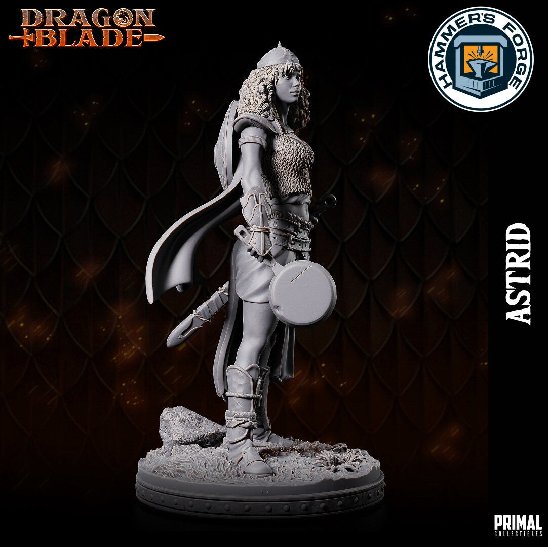 Human Female Fighter Miniature for D&D - TTRPG - 32mm Miniature - Astrid - Pathfinder - Unpainted - Primal Collectibles - Dragon Blade