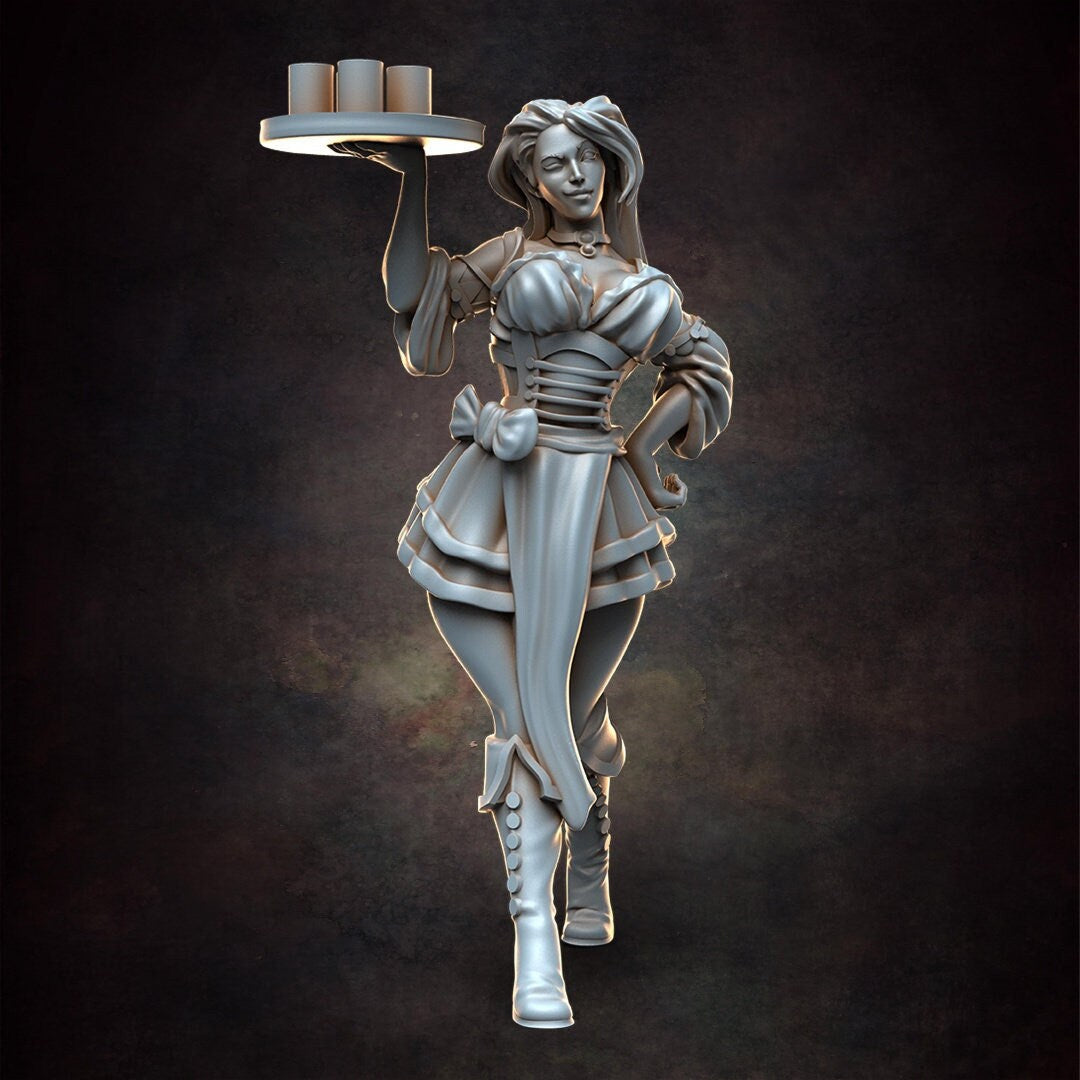 Sexy Barmaid - Tavern - D&D - Busty - Pinup - TTRPG - 32mm Miniature - Pathfinder - Unpainted - Red Clay Collectibles - The Good Ol' Tavern