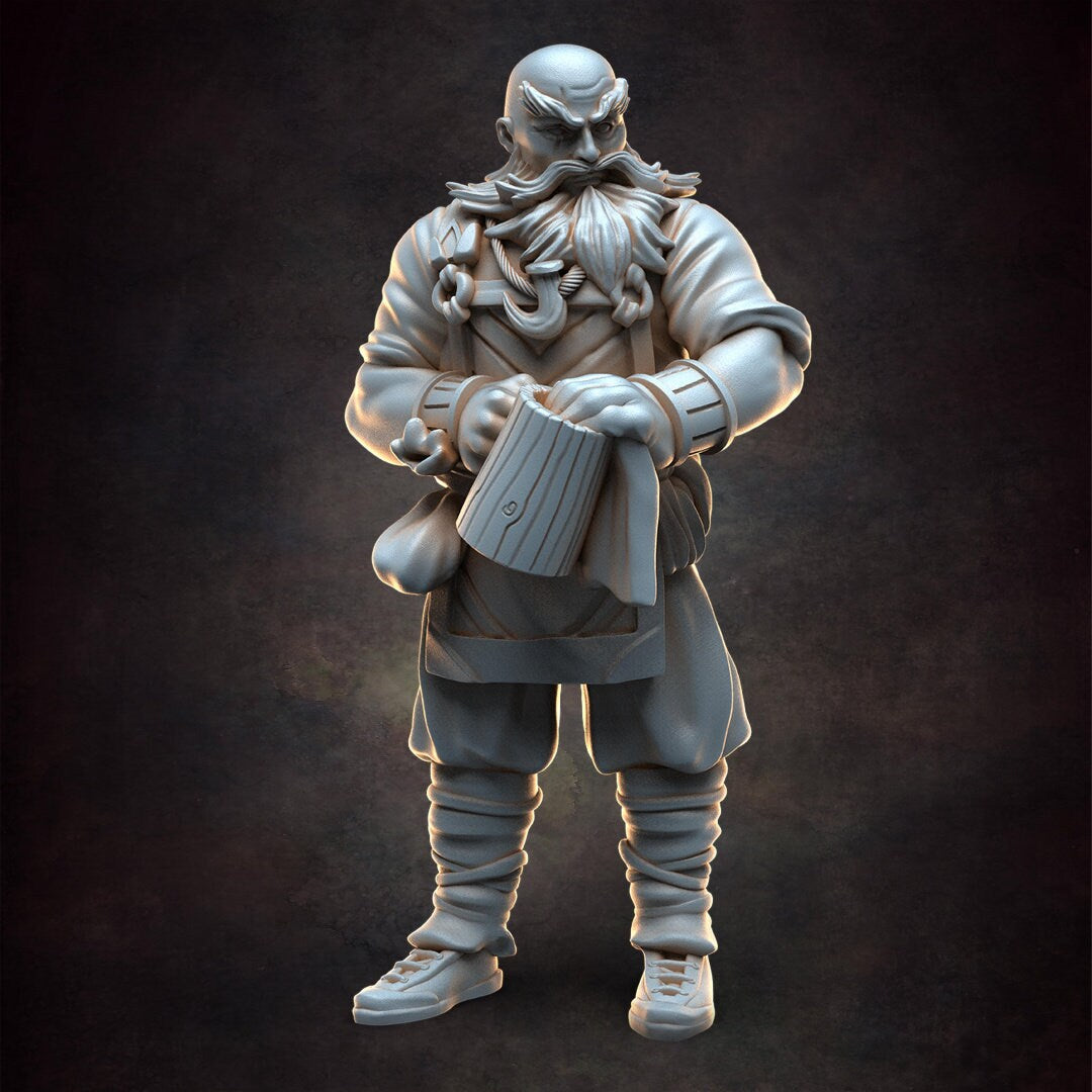 Barkeeper and Bar - Dwarf - NPC - TTRPG - 32mm Miniature - D&D - Pathfinder - Unpainted - Red Clay Collectibles - The Good Ol' Tavern