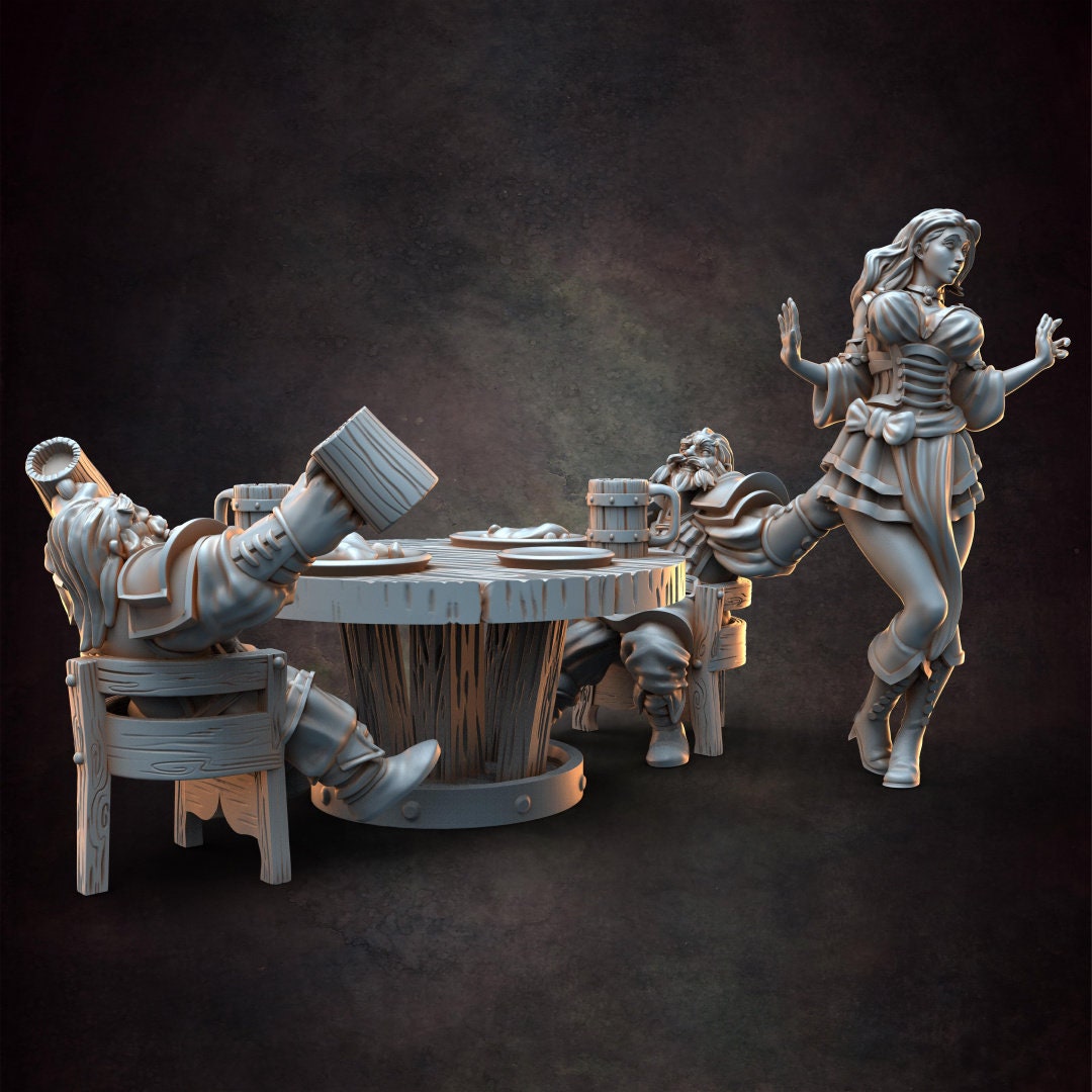 Surprised Barmaid - D&D - Busty - Pinup - TTRPG - 32mm Miniature - Pathfinder - Unpainted - Red Clay Collectibles - The Good Ol' Tavern
