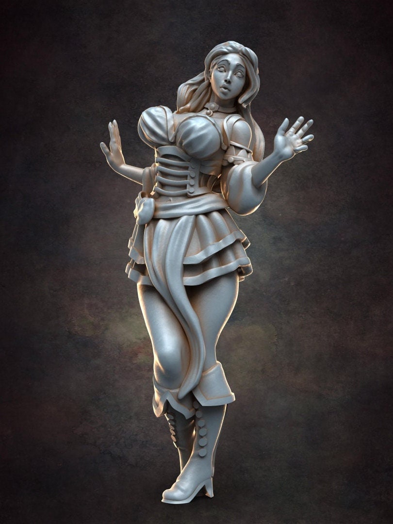 Surprised Barmaid - D&D - Busty - Pinup - TTRPG - 32mm Miniature - Pathfinder - Unpainted - Red Clay Collectibles - The Good Ol' Tavern