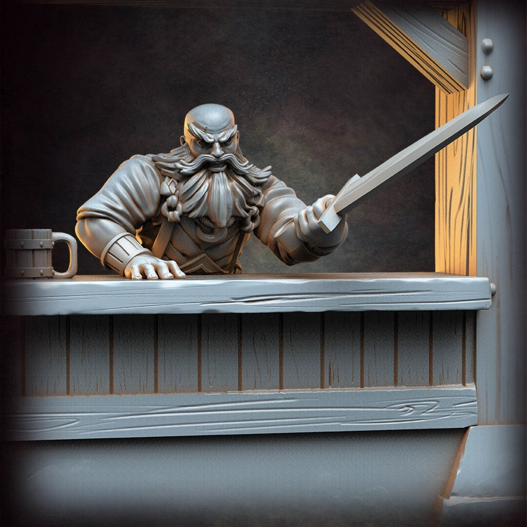 Barkeeper and Bar - Dwarf - NPC - TTRPG - 32mm Miniature - D&D - Pathfinder - Unpainted - Red Clay Collectibles - The Good Ol' Tavern