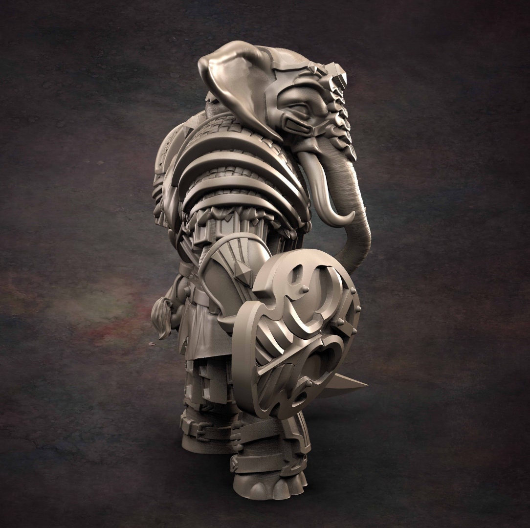 Loxodon Fighter - D&D - Elephant - Sword and Shield- TTRPG - 32mm Miniature - Pathfinder - Unpainted - Red Clay Collectibles