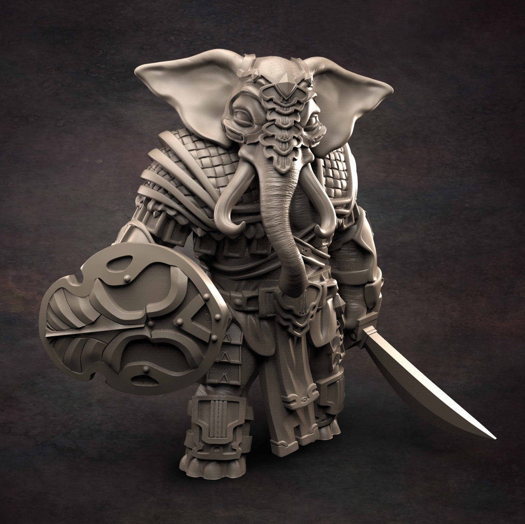 Loxodon Fighter - D&D - Elephant - Sword and Shield- TTRPG - 32mm Miniature - Pathfinder - Unpainted - Red Clay Collectibles