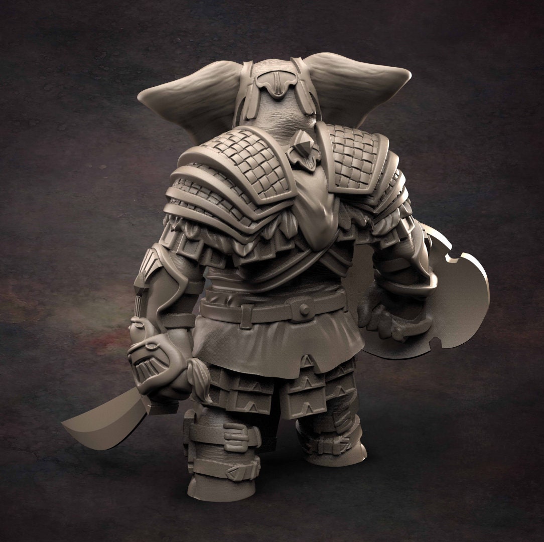 Loxodon Fighter - D&D - Elephant - Sword and Shield- TTRPG - 32mm Miniature - Pathfinder - Unpainted - Red Clay Collectibles