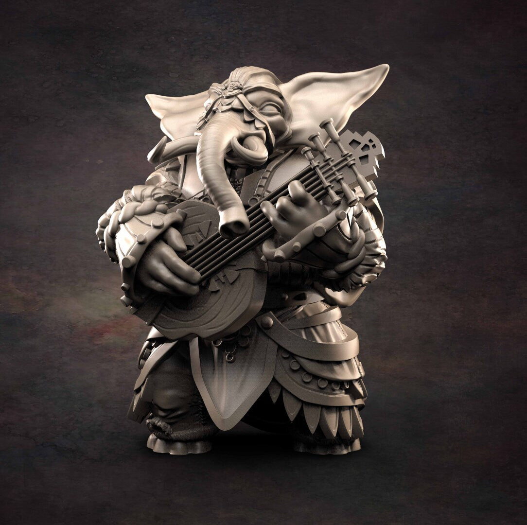 Loxodon Bard 2 - D&D - Elephant - Bard - TTRPG - 32mm Miniature - Pathfinder - Unpainted - Red Clay Collectibles