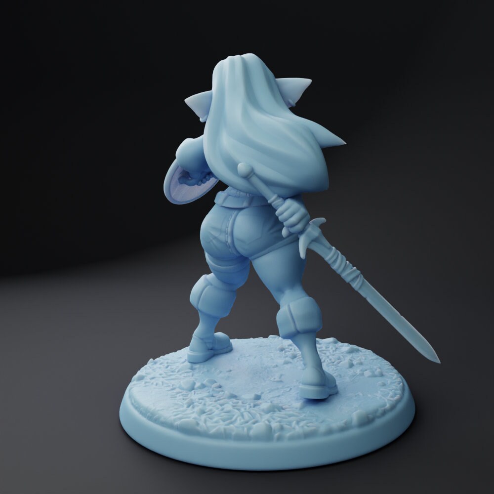 Angy, Female Goblin Mercenary - Twin Goddess Miniatures - D&D - TTRPG - 32mm/75mm Miniature - Pathfinder - Unpainted - Sword and Shield