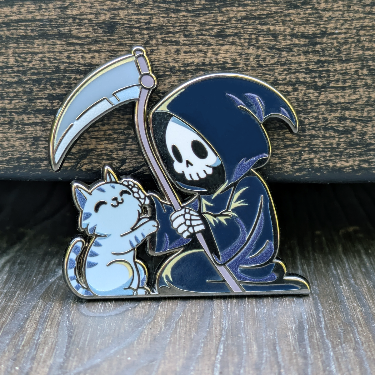 Grim Reaper Petting Cat Hard Enamel Pin -1.5"