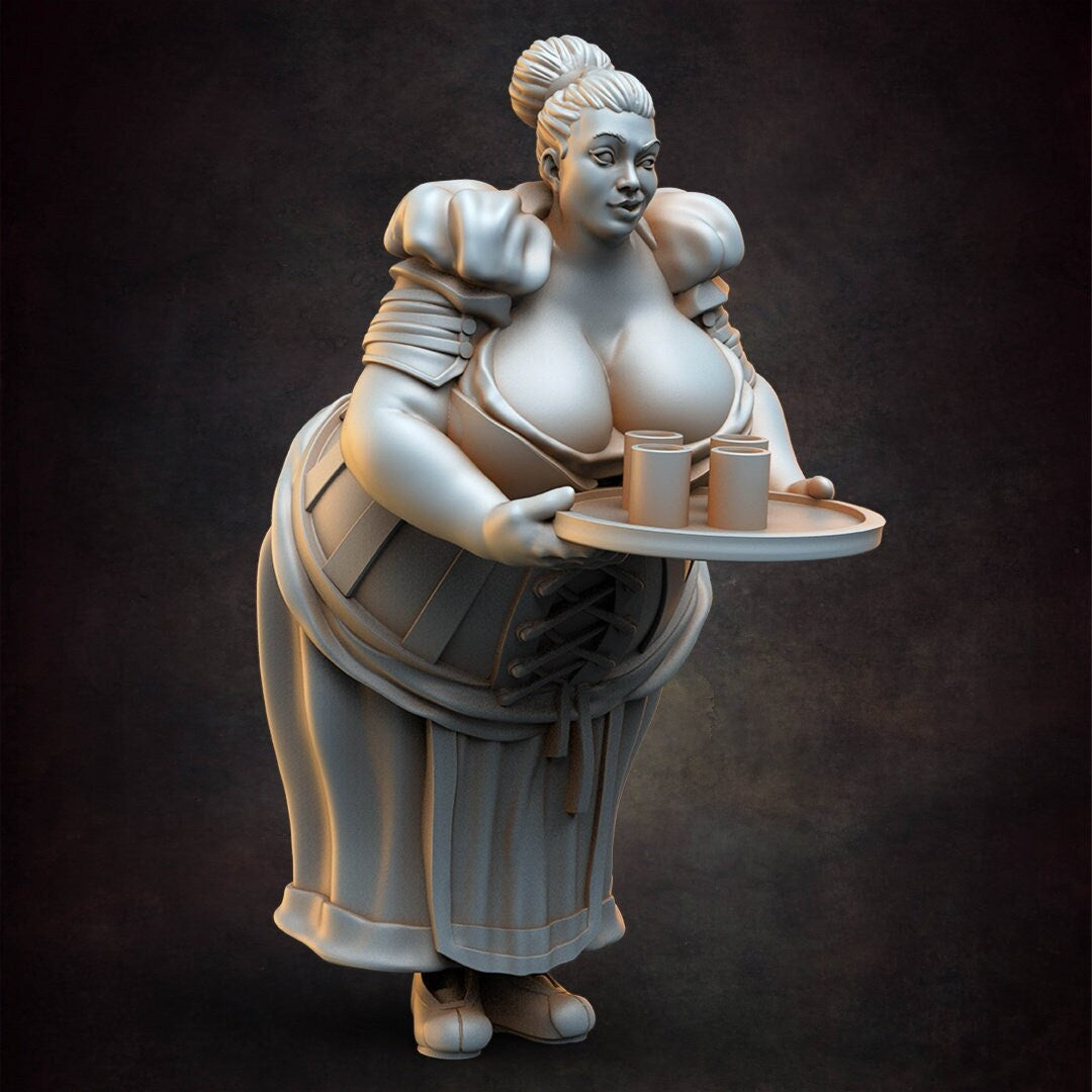 Busty Barmaid - D&D - Busty - Pinup - TTRPG - 32mm Miniature - Pathfinder - Unpainted - Red Clay Collectibles - The Good Ol' Tavern