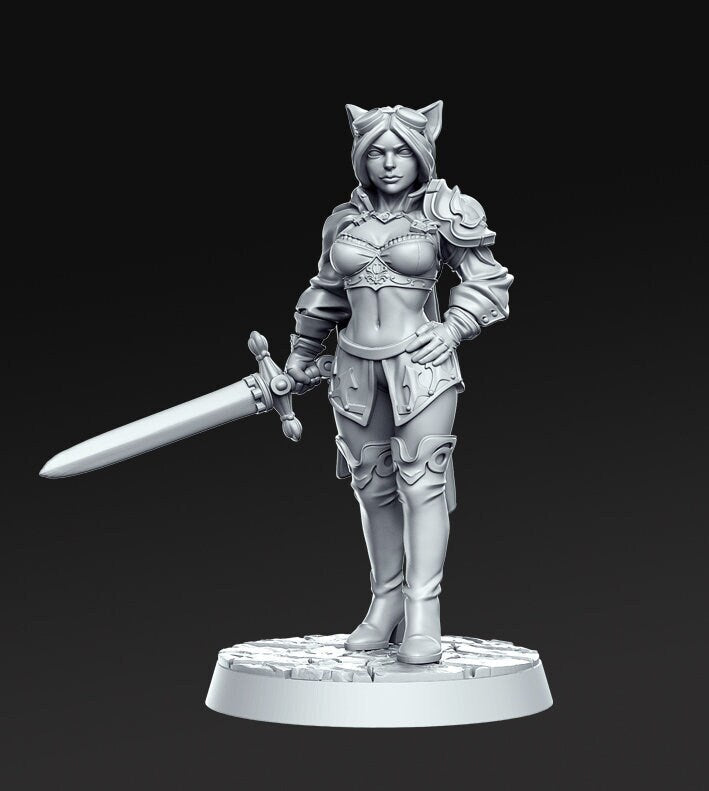 Ambar - Tabaxi Female - Soldier - Warrior - D&D - Sword - TTRPG - 32mm Miniature - Pathfinder - Unpainted