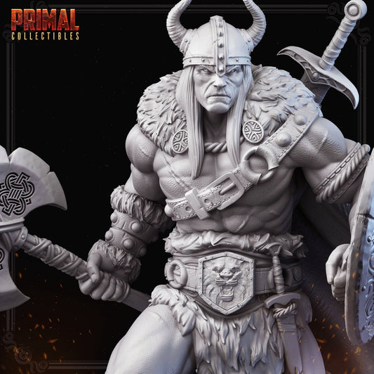 Human Male Barbarian Miniature for D&D - TTRPG - 32mm Miniature - Kreyvos the Barbarian - Pathfinder - Unpainted - Primal Collectibles
