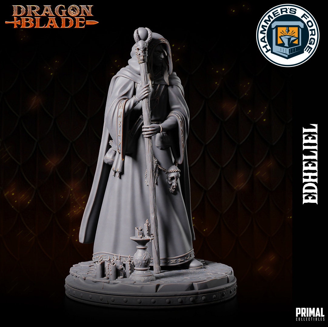 Human Male Wizard Miniature for D&D - TTRPG - 32mm Miniature - Edheliel - Pathfinder - Unpainted - Primal Collectibles - Dragon Blade