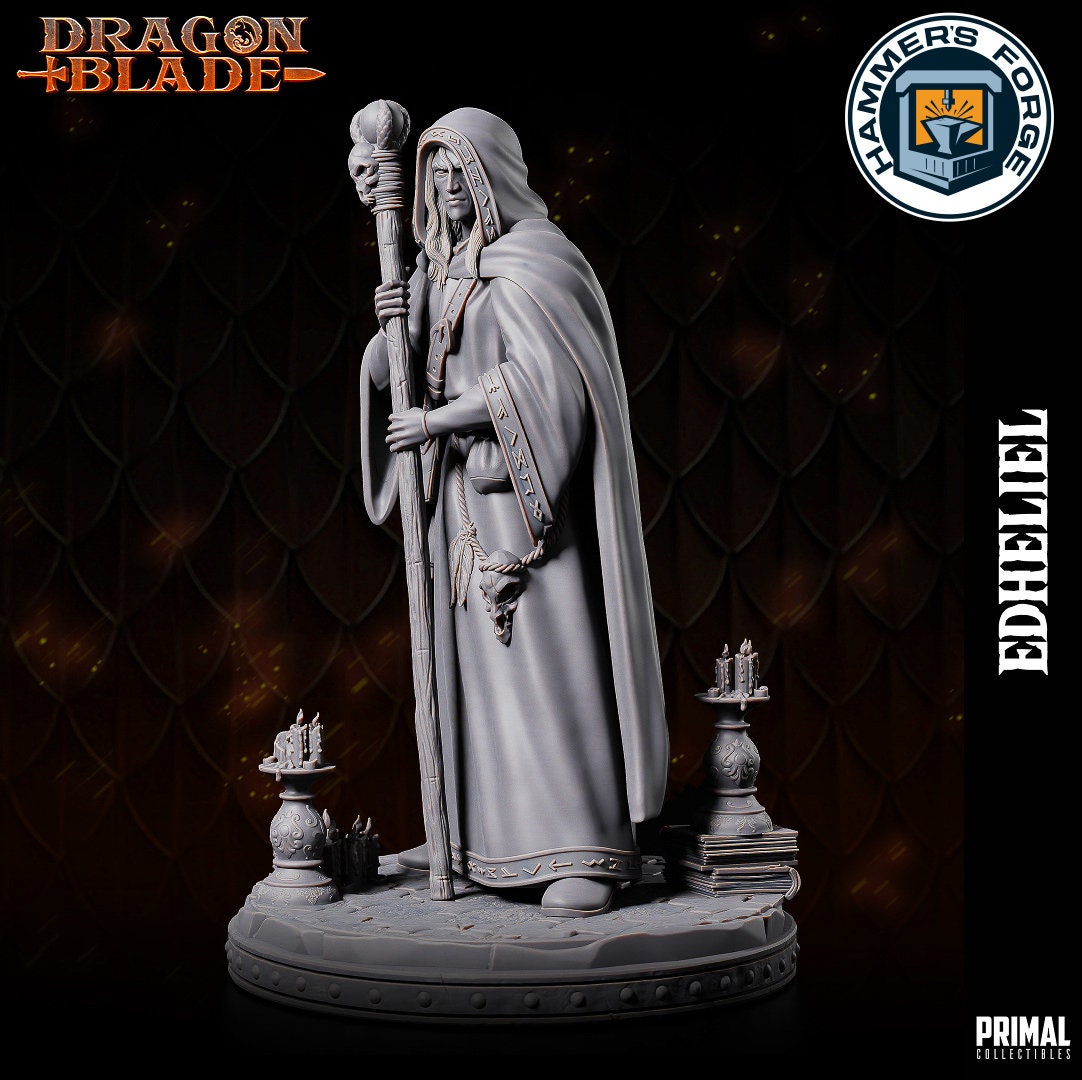 Human Male Wizard Miniature for D&D - TTRPG - 32mm Miniature - Edheliel - Pathfinder - Unpainted - Primal Collectibles - Dragon Blade