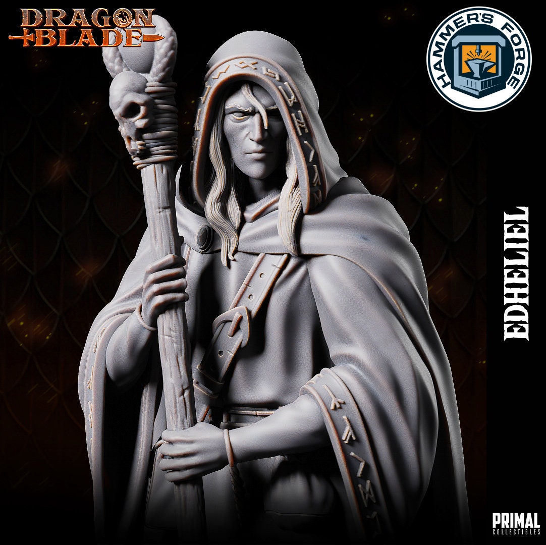 Human Male Wizard Miniature for D&D - TTRPG - 32mm Miniature - Edheliel - Pathfinder - Unpainted - Primal Collectibles - Dragon Blade