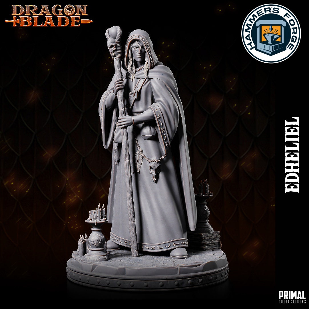 Human Male Wizard Miniature for D&D - TTRPG - 32mm Miniature - Edheliel - Pathfinder - Unpainted - Primal Collectibles - Dragon Blade