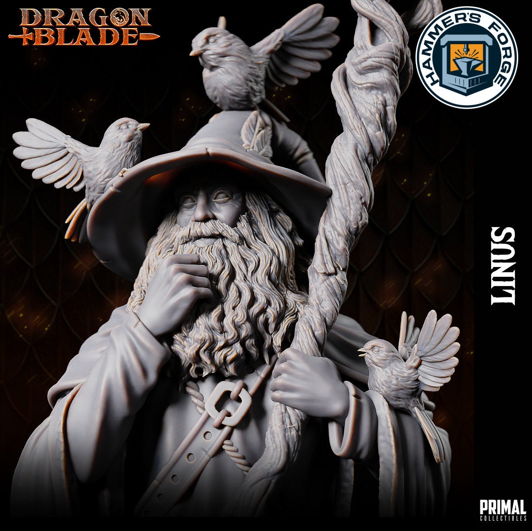 Human Male Wizard Miniature for D&D - TTRPG - 32mm Miniature - Linus - Pathfinder - Unpainted - Primal Collectibles - Dragon Blade