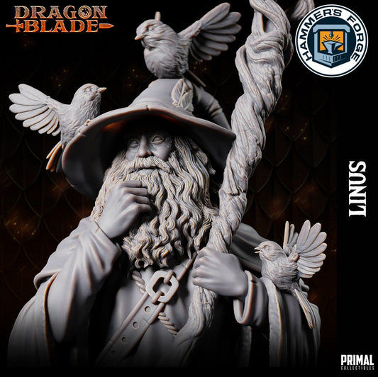Human Male Wizard Miniature for D&D - TTRPG - 32mm Miniature - Linus - Pathfinder - Unpainted - Primal Collectibles - Dragon Blade