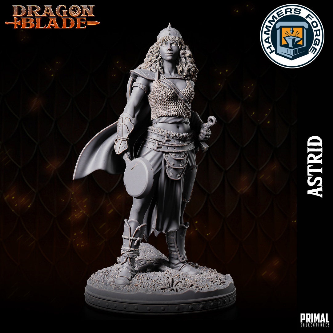 Human Female Fighter Miniature for D&D - TTRPG - 32mm Miniature - Astrid - Pathfinder - Unpainted - Primal Collectibles - Dragon Blade
