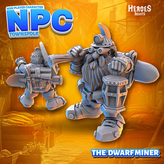 Dwarf Male Miner - NPC - TTRPG - 28mm Miniature - D&D - Pathfinder - Unpainted - Heroes and Beasts