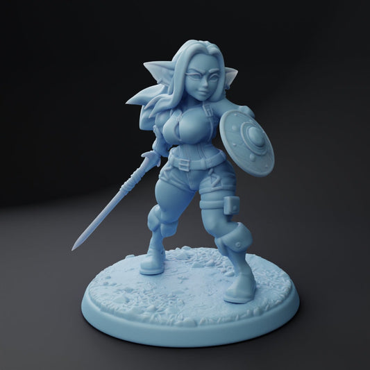 Angy, Female Goblin Mercenary - Twin Goddess Miniatures - D&D - TTRPG - 32mm/75mm Miniature - Pathfinder - Unpainted - Sword and Shield