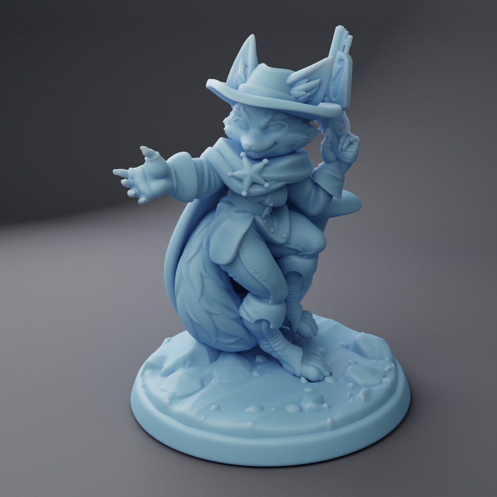 Western Deputy - Female Foxfolk - Twin Goddess Miniatures - D&D - TTRPG - 32mm/75mm Miniature - Pathfinder - Unpainted - Spell Effect