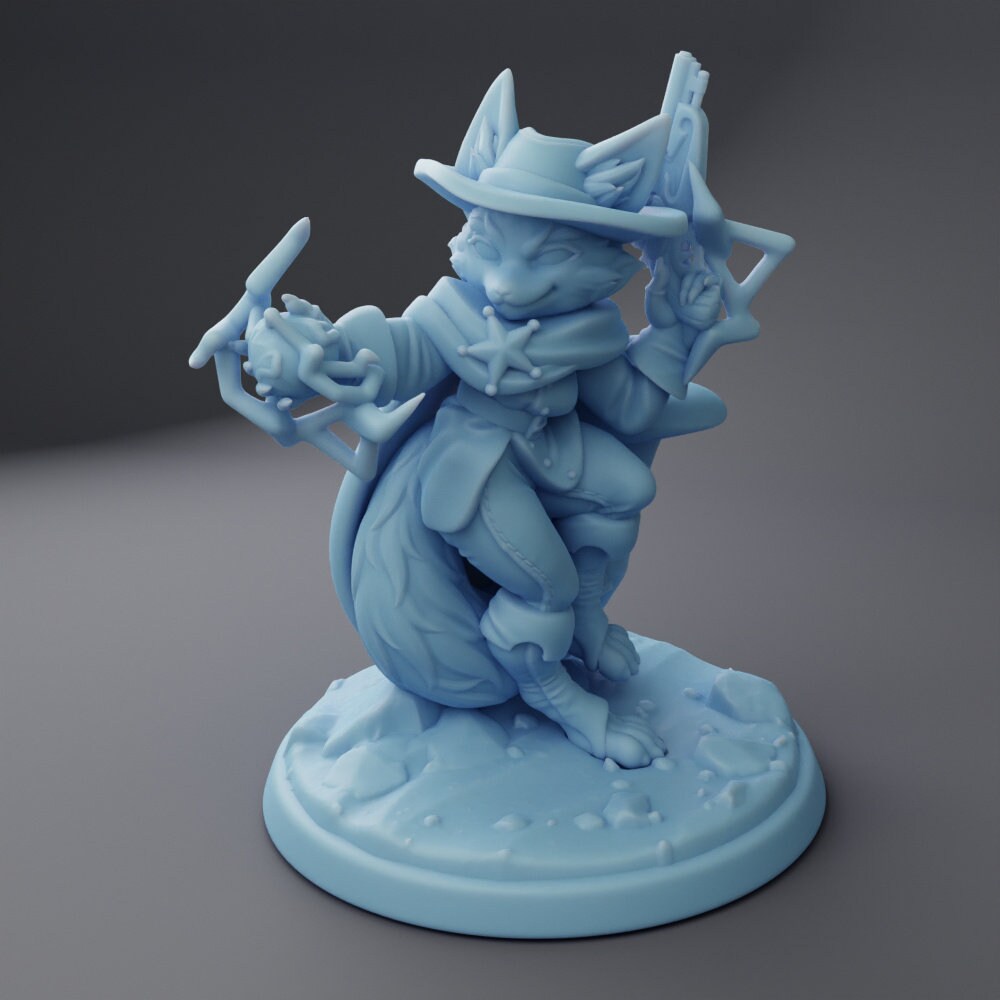 Western Deputy - Female Foxfolk - Twin Goddess Miniatures - D&D - TTRPG - 32mm/75mm Miniature - Pathfinder - Unpainted - Spell Effect