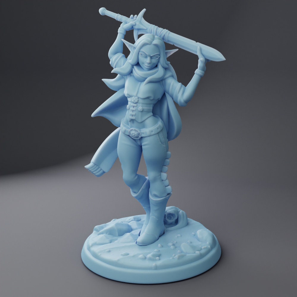 Elven Cowgirl - Twin Goddess Miniatures - D&D - TTRPG - 32mm/75mm Miniature - Pathfinder - Unpainted - Sword - Female