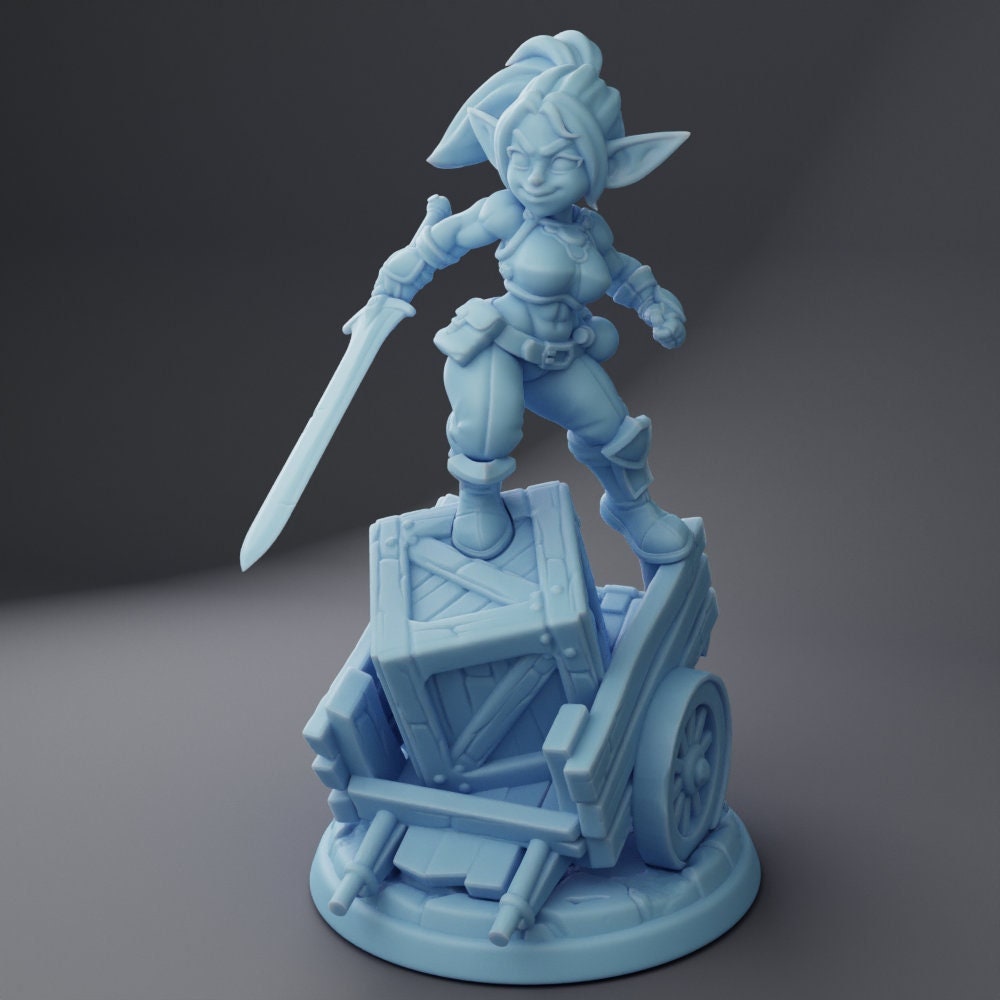 Blix the Goblin Fighter (Action Pose) - Twin Goddess Miniatures - D&D - TTRPG - 32mm/75mm Miniature - Pathfinder - Unpainted - 5E